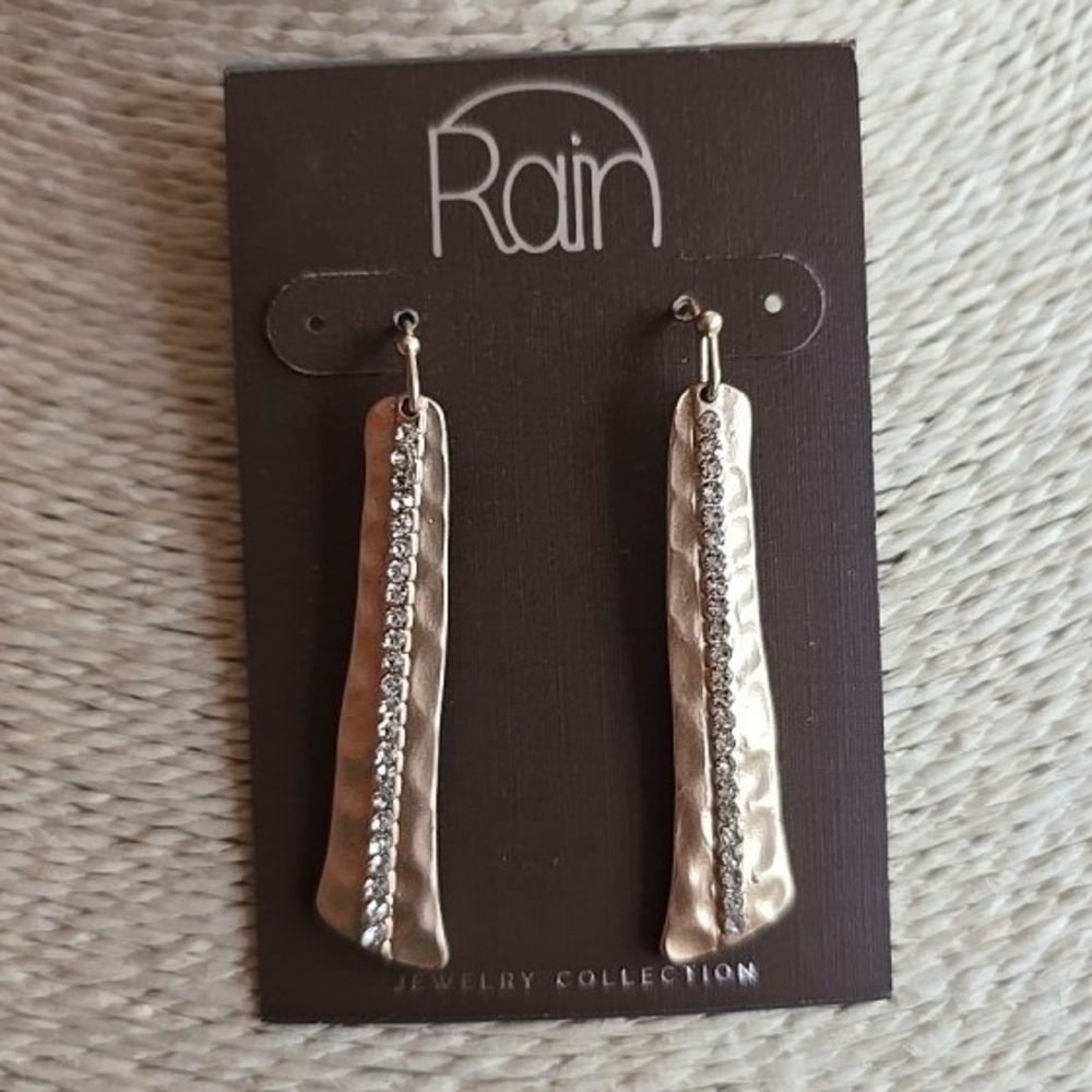 Rain Jewelry Collection Hammered Gold Tone Rhinestone Bar Drop Earrings boho